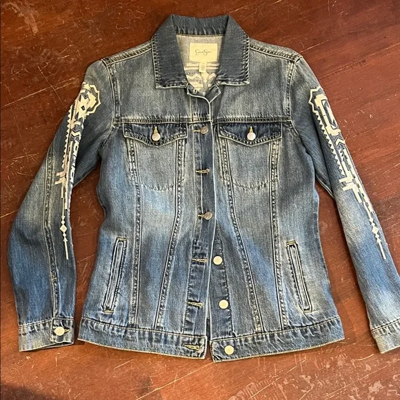 Jessica Simpson Blue Denim Jacket with White Embroidered Accents - Picture 2 of 10